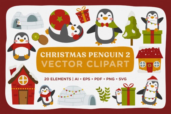 Christmas Penguin Vector Clipart Pack 2 for Festive Graphics
