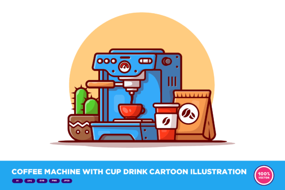 Coffee Machine with Cup Drink Cartoon: Graphics & Decorative Elements