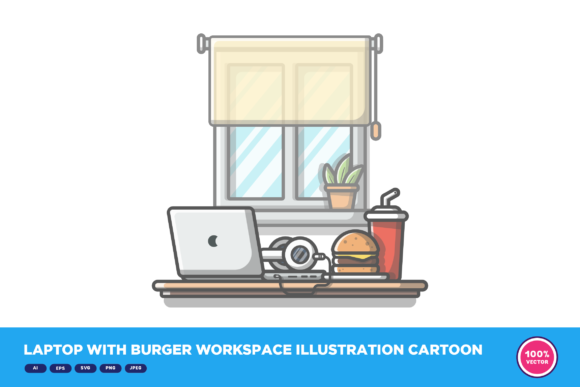 Laptop with Burger Workspace Illustratio: Graphics for Decorative Elements