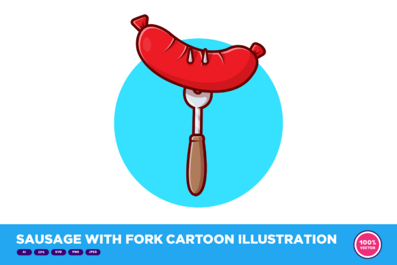 Sausage with Fork Cartoon Illustration: Graphics & Decorative Elements